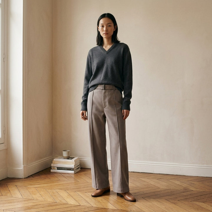 Lemaire grey poly cotton twill curved pants with a high waist, front pleats and self-fabric belt with metal buckle - lifestyle