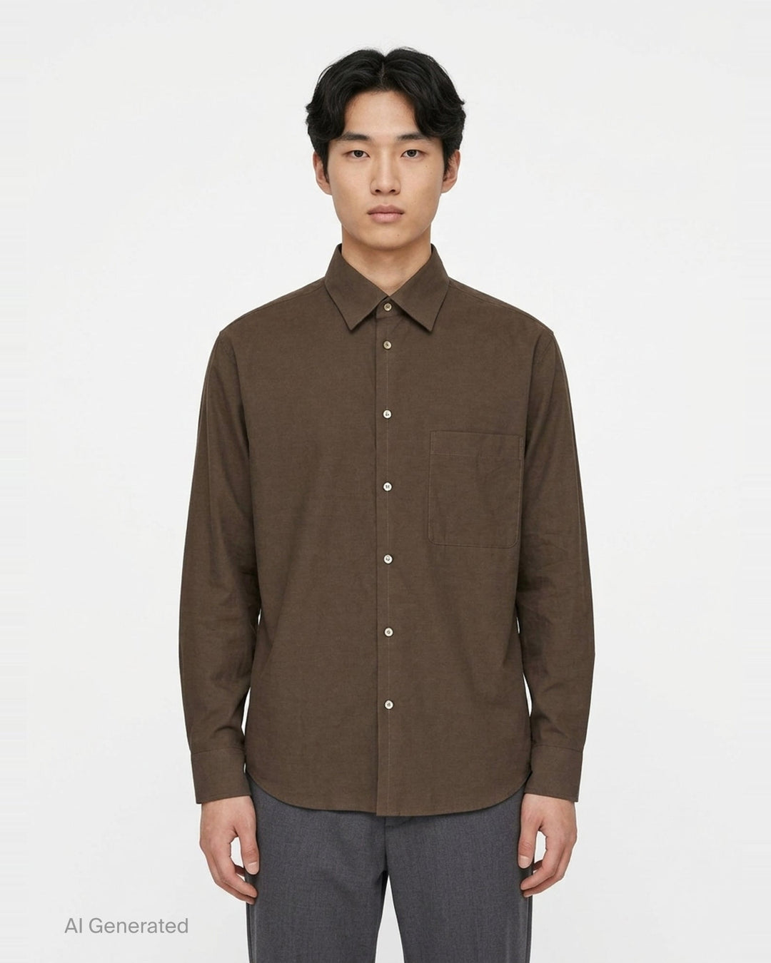 Lemaire Regular Long Sleeve Washed Cotton Shirt in slate grey, displayed flat against a white background, featuring a classic collar, white buttons, and a chest patch pocket - front