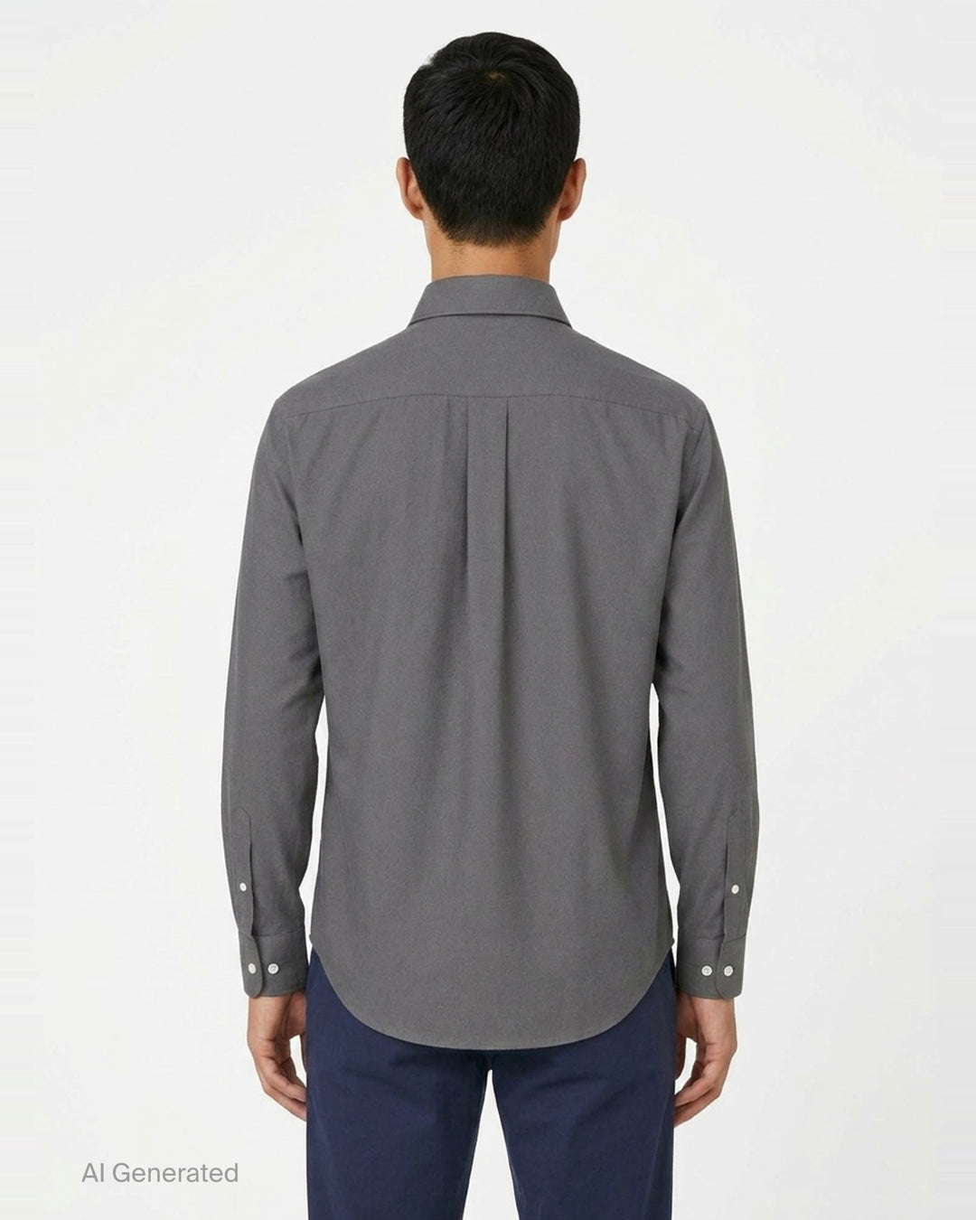 Lemaire Regular Long Sleeve Washed Cotton Shirt in slate grey, displayed flat against a white background, featuring a classic collar, white buttons, and a chest patch pocket - back