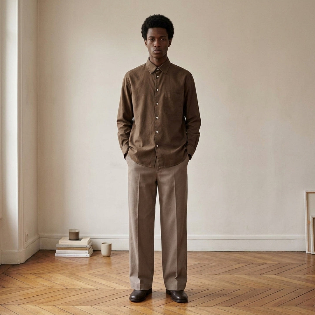 Lemaire Regular Long Sleeve Washed Cotton Shirt in slate grey, displayed flat against a white background, featuring a classic collar, white buttons, and a chest patch pocket - lifestyle