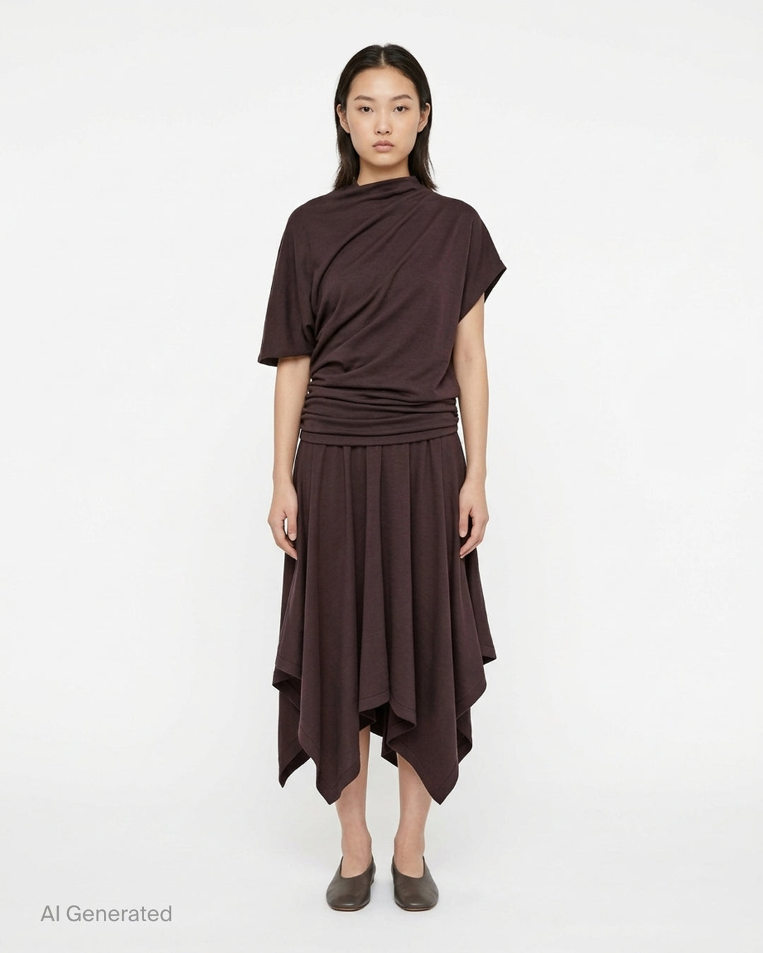 Lemaire twisted asymmetric draped dress in wool viscose jersey with gathered waist and handkerchief hem, shown from the front - front