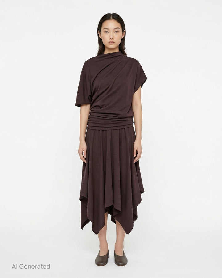 Lemaire twisted asymmetric draped dress in wool viscose jersey with gathered waist and handkerchief hem, shown from the front - front