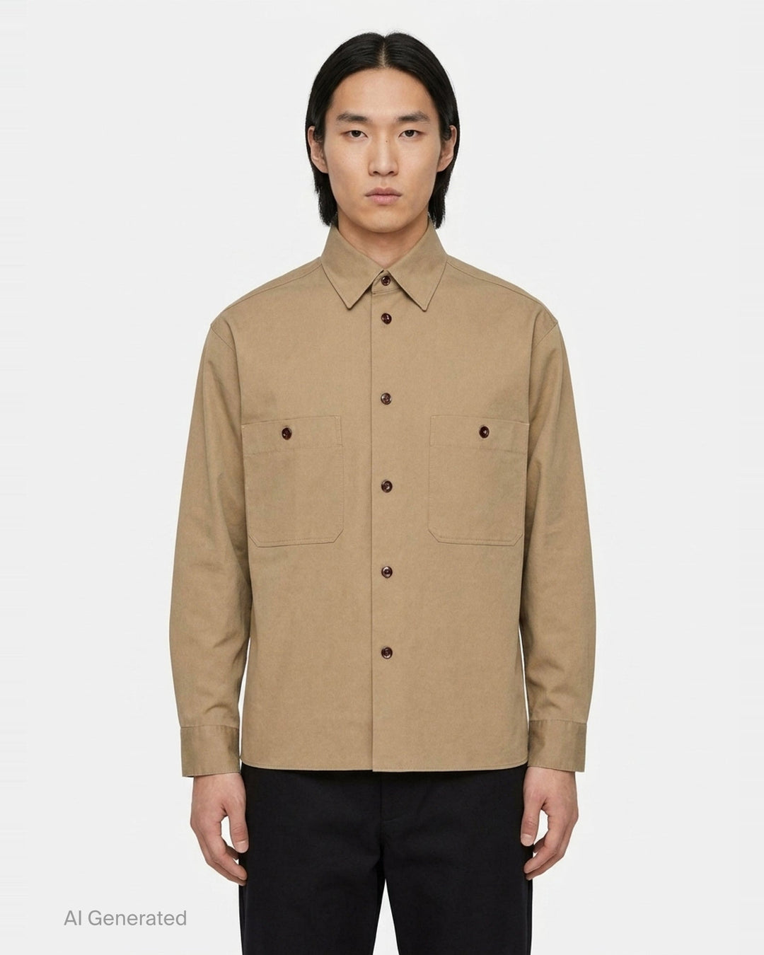 Lemaire Two Pockets Long Sleeve Shirt in tan cotton with dual patch chest pockets, dark tortoiseshell buttons, and a relaxed boxy silhouette, shown on a white background - front