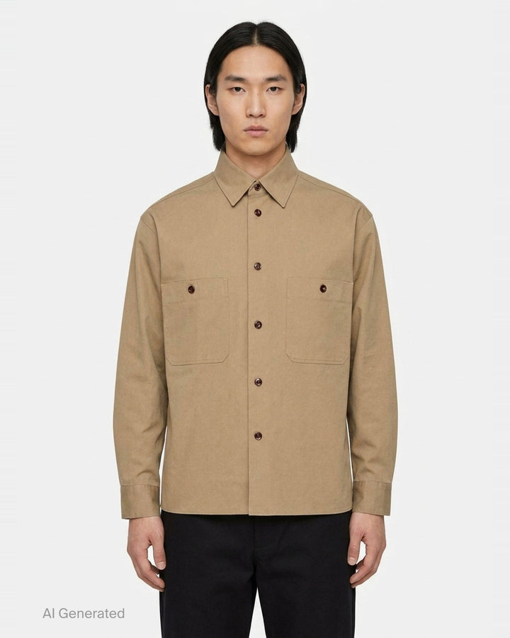 Lemaire Two Pockets Long Sleeve Shirt in tan cotton with dual patch chest pockets, dark tortoiseshell buttons, and a relaxed boxy silhouette, shown on a white background - front