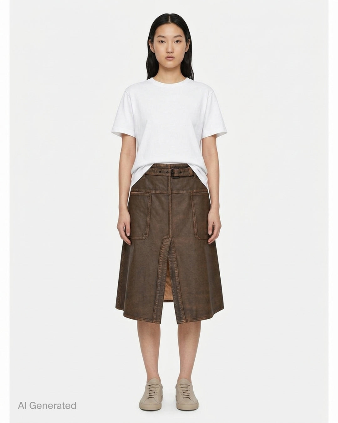Lemaire brown coated denim workwear skirt with belted waist, patch pockets and centre front slit - front