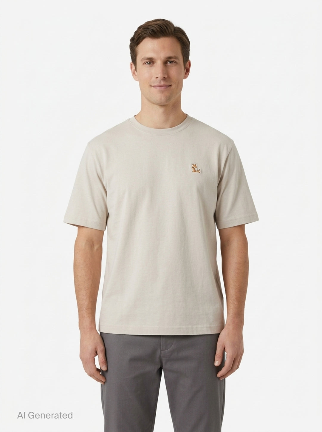 Maison Kitsuné Chillax Fox Comfort Tee in off-white with a small embroidered lounging fox patch on the chest, crew neck, and short sleeves - front