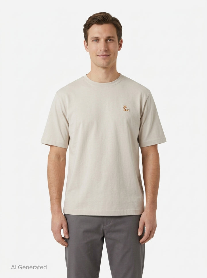 Maison Kitsuné Chillax Fox Comfort Tee in off-white with a small embroidered lounging fox patch on the chest, crew neck, and short sleeves - front