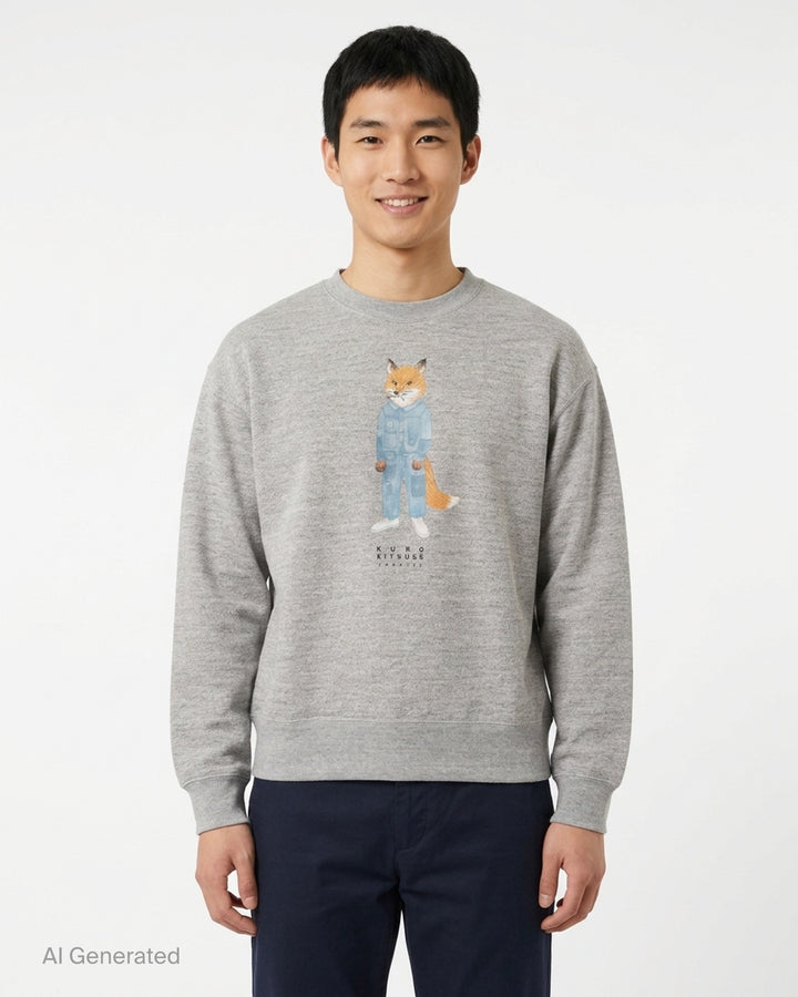 Grey marl crewneck sweatshirt with an illustrated fox in a patchwork denim jacket and jeans and Kuro Kitsuné Paris lettering on the chest - front