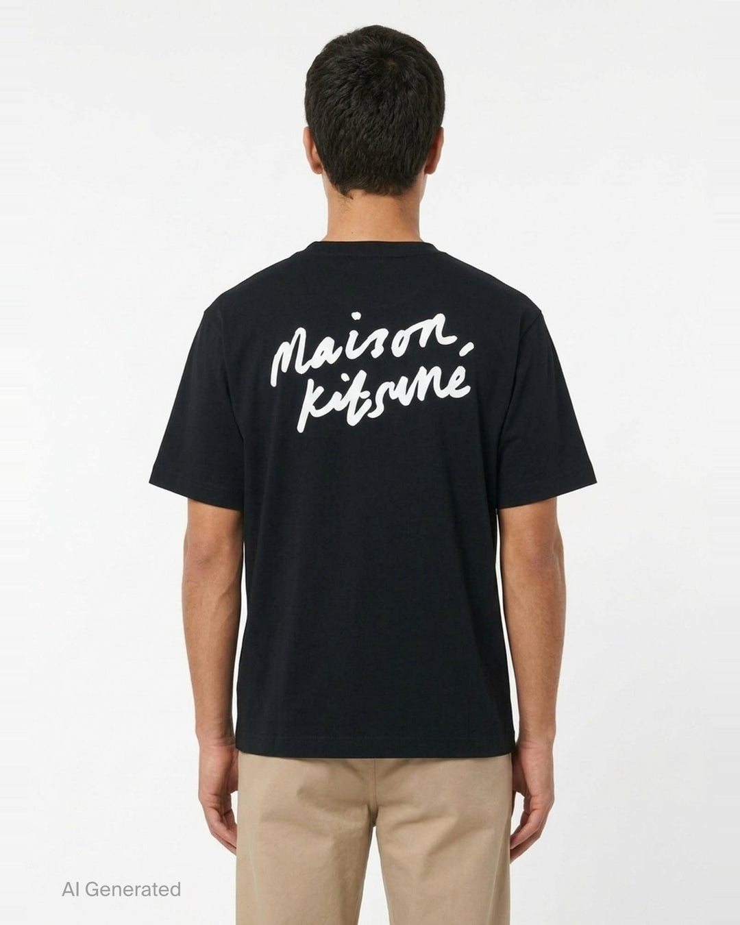 Maison Kitsuné Handwriting Oversized Tee in black with embroidered white script logo on the chest, front view - back