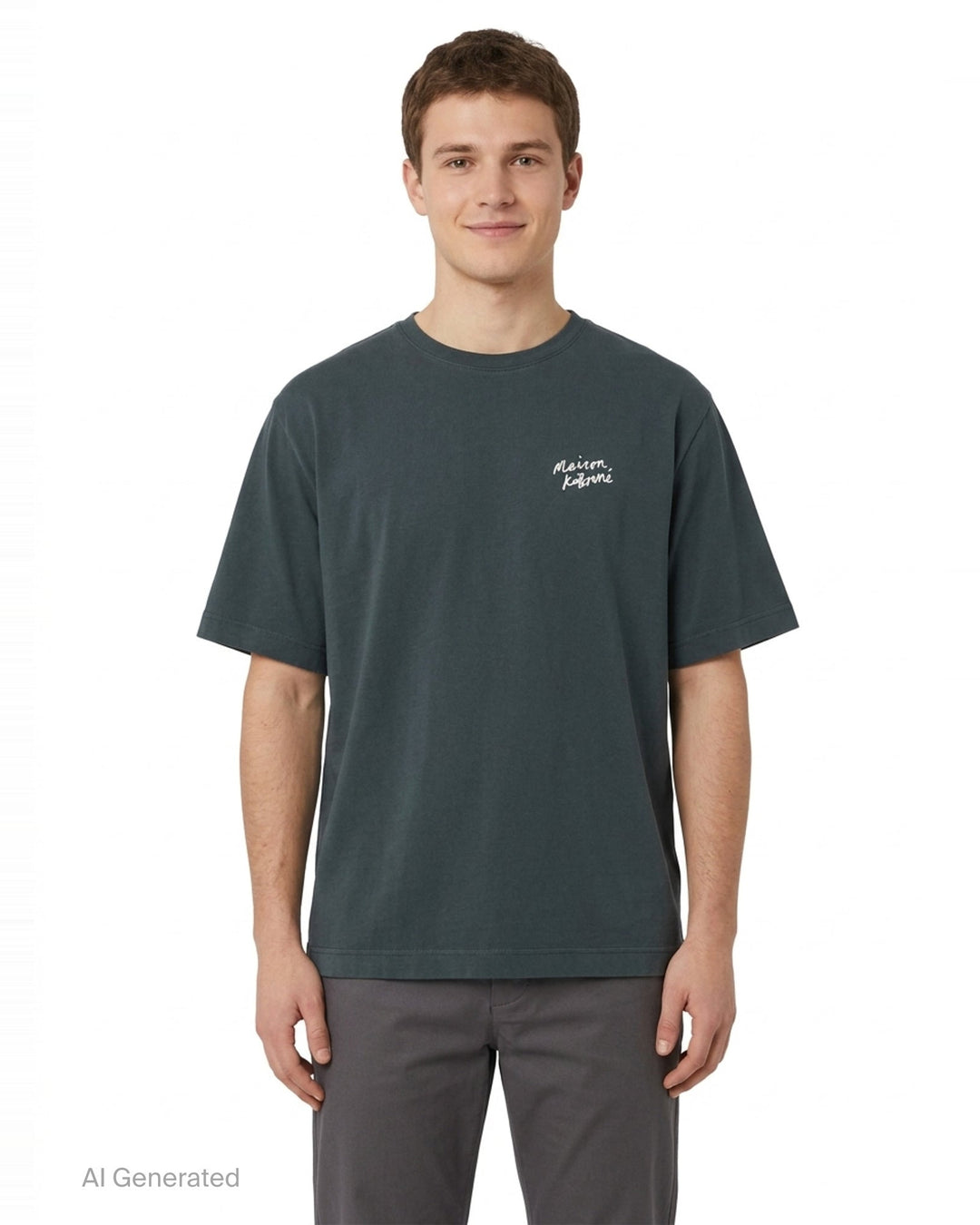 Maison Kitsuné Handwriting Short Sleeve Tee in washed slate blue with embroidered script logo at the chest, shown front-facing on a plain white background - front