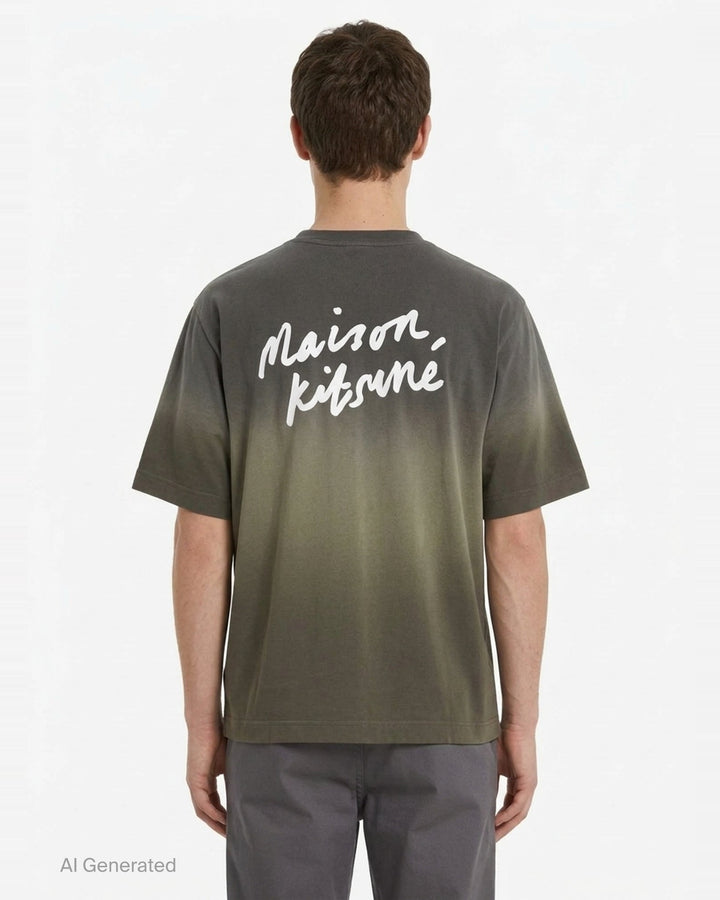 Maison Kitsuné Handwriting Short Sleeve Tee in washed slate blue with embroidered script logo at the chest, shown front-facing on a plain white background - back