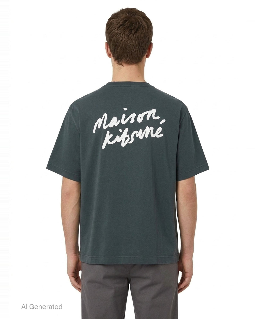 Maison Kitsuné Handwriting Short Sleeve Tee in washed slate blue with embroidered script logo at the chest, shown front-facing on a plain white background - back