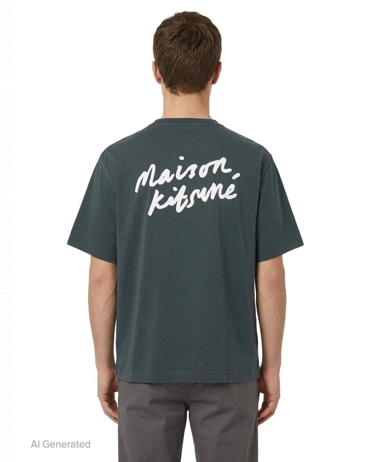 Maison Kitsuné Handwriting Short Sleeve Tee in washed slate blue with embroidered script logo at the chest, shown front-facing on a plain white background - back