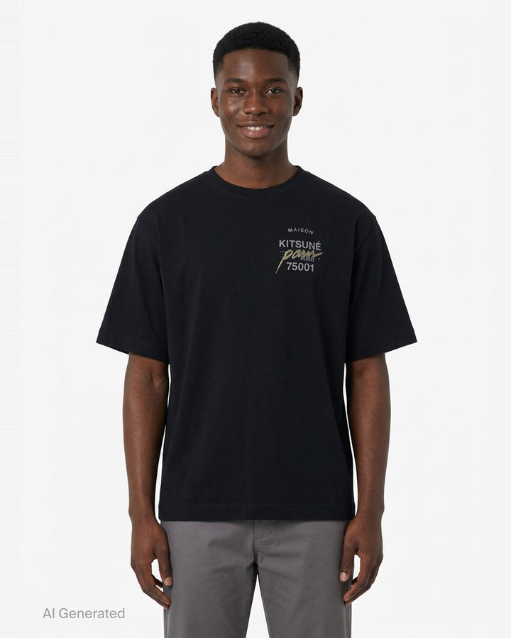 Maison Kitsuné MMII Profile Fox Oversize Tee in black with typographic chest graphic reading Maison Kitsuné Paris MMII 75001, crew neck, short sleeves, relaxed fit - front