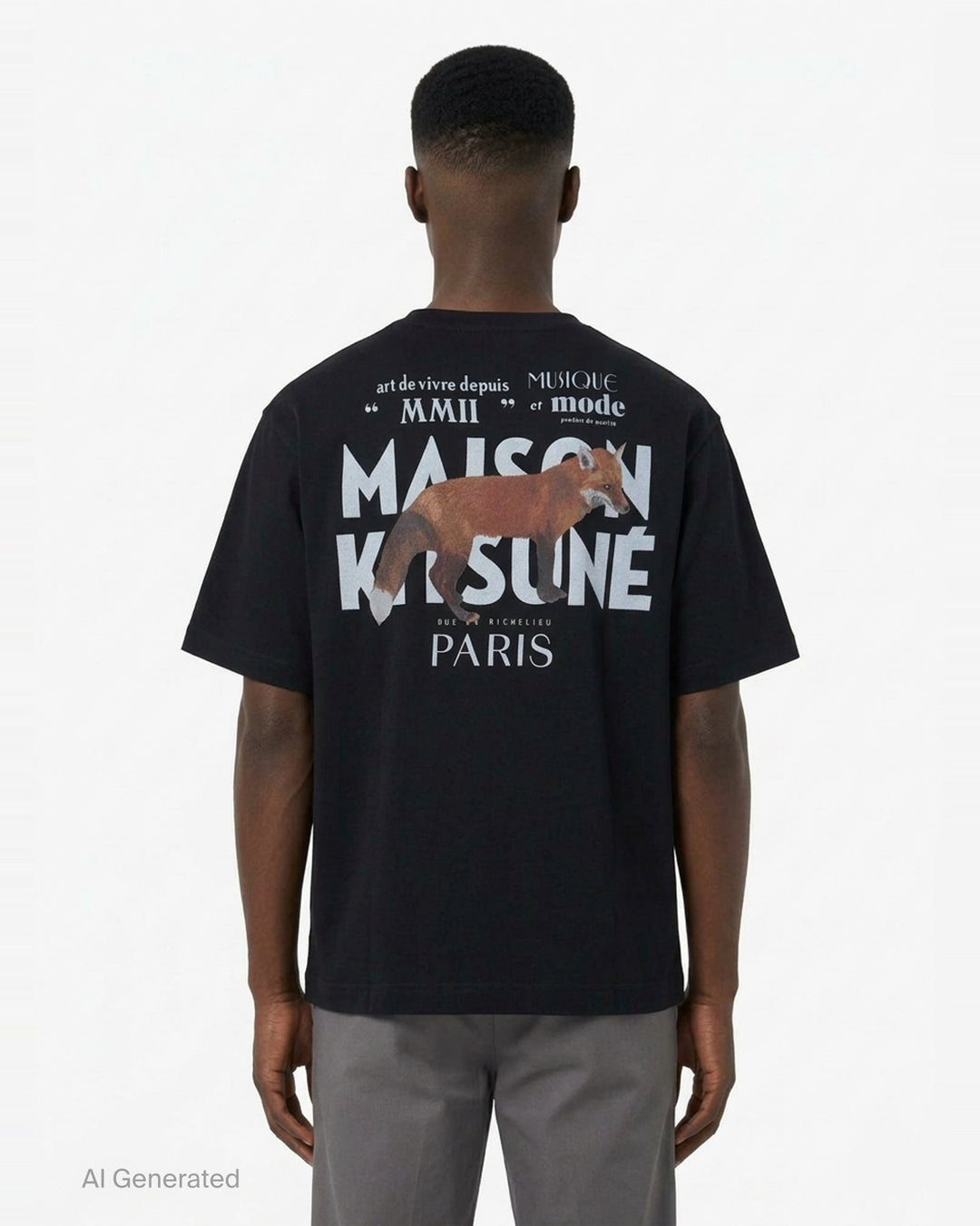 Maison Kitsuné MMII Profile Fox Oversize Tee in black with typographic chest graphic reading Maison Kitsuné Paris MMII 75001, crew neck, short sleeves, relaxed fit - back