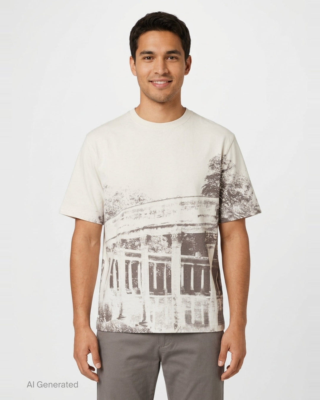 Maison Kitsuné Parc Monceau Oversize Tee in cream with a monochromatic photographic print of a neoclassical colonnade and trees across the front - front
