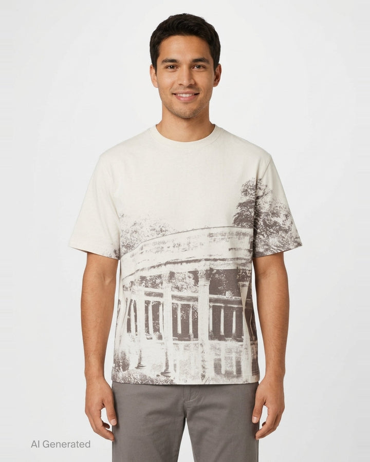 Maison Kitsuné Parc Monceau Oversize Tee in cream with a monochromatic photographic print of a neoclassical colonnade and trees across the front - front