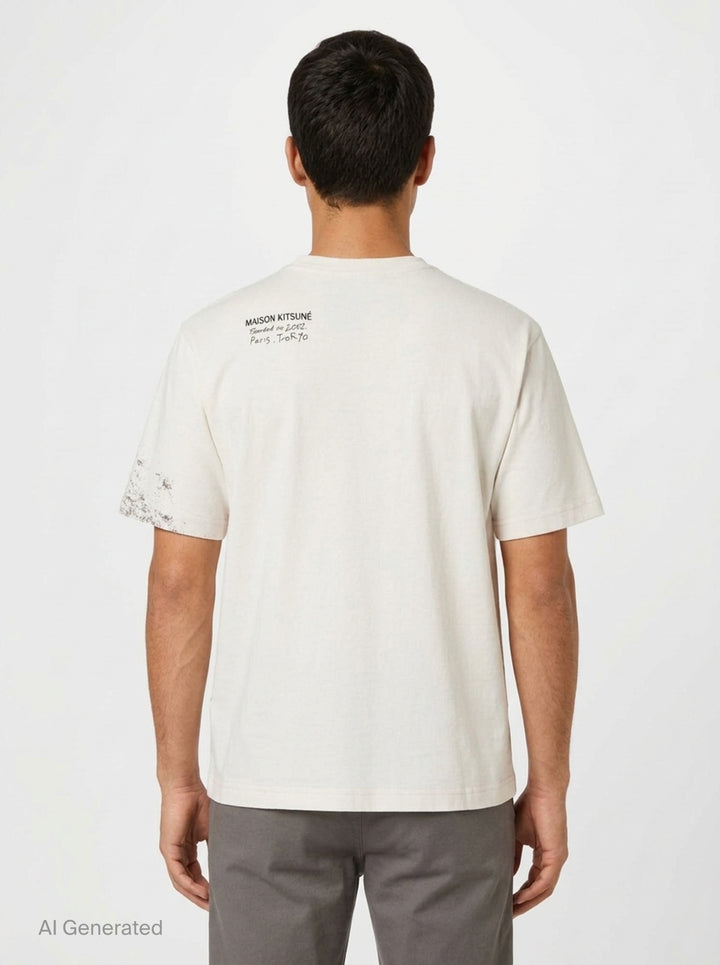 Maison Kitsuné Parc Monceau Oversize Tee in cream with a monochromatic photographic print of a neoclassical colonnade and trees across the front - back