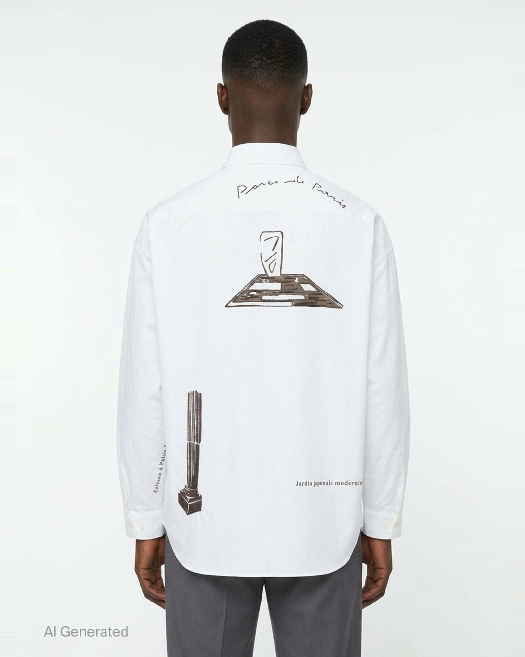 Maison Kitsuné Parcs of Paris Oversize Shirt in white, featuring brown bonsai tree and colonnade graphic prints on the body and a signature script logo at the hem - back