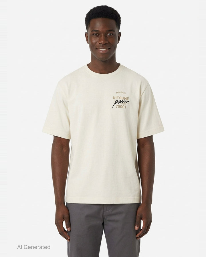 Maison Kitsuné Paris 75001 Oversized Tee in cream with typographic chest graphic featuring Maison Kitsuné and 75001 branding - front