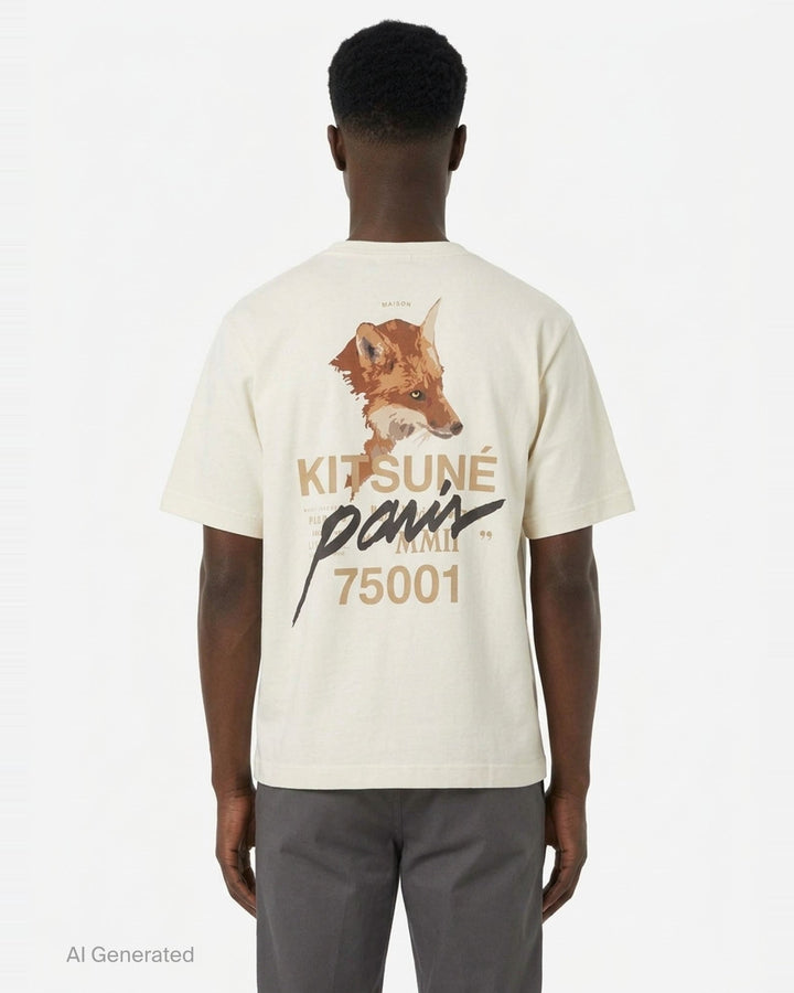 Maison Kitsuné Paris 75001 Oversized Tee in cream with typographic chest graphic featuring Maison Kitsuné and 75001 branding - back