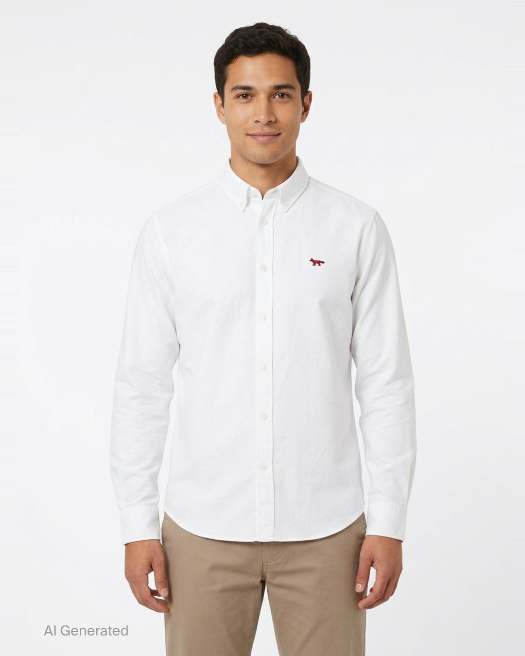 Maison Kitsuné Profile Fox Casual Long Sleeve Shirt in white with burgundy fox embroidery at the chest and button-down collar - front