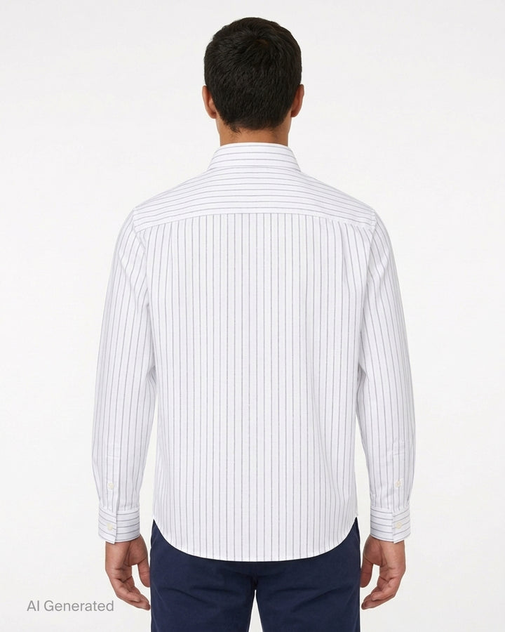Maison Kitsuné Profile Fox white long sleeve shirt with fine vertical stripes, button-down collar and tonal fox embroidery on the chest - back