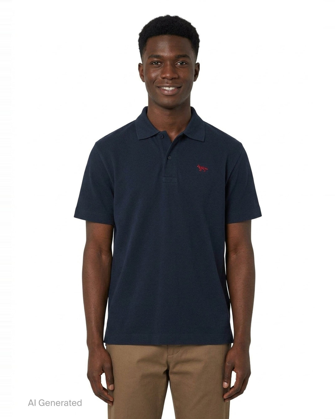 Maison Kitsuné black short sleeve comfort polo shirt with red embroidered running fox logo at the chest and three-button placket - front