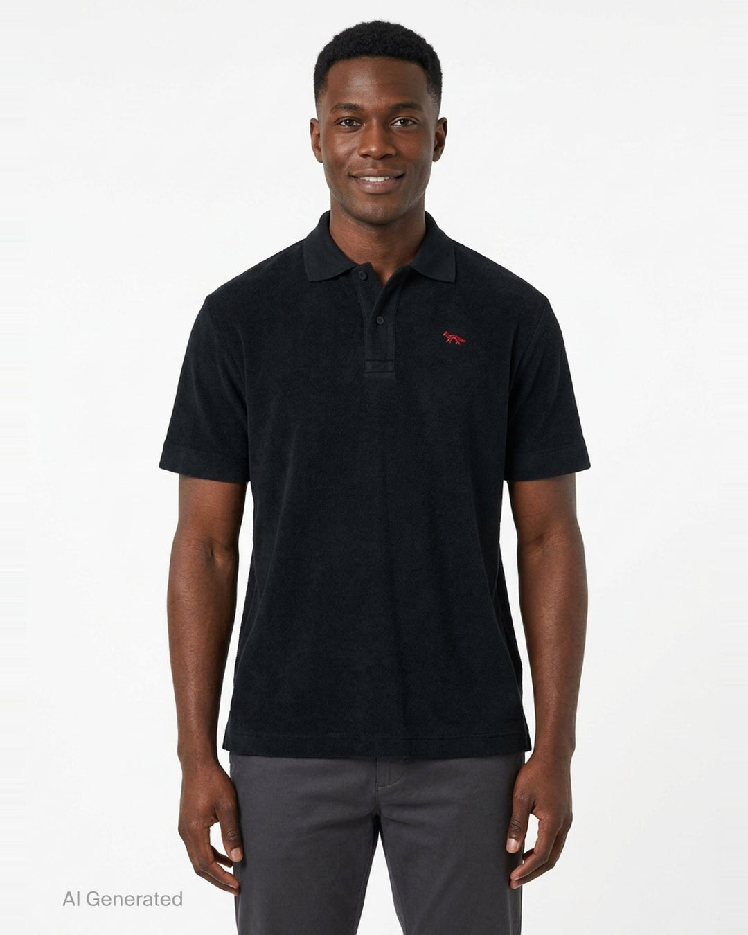 Maison Kitsuné black short sleeve comfort polo shirt with red embroidered running fox logo at the chest and three-button placket - front