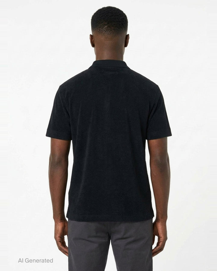 Maison Kitsuné black short sleeve comfort polo shirt with red embroidered running fox logo at the chest and three-button placket - back