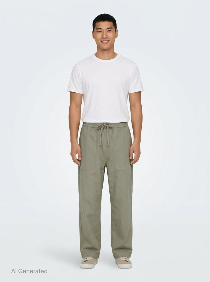 Maison Kitsuné Workwear Wide Leg Pants in blush beige with elasticated drawstring waist and front patch pockets, straight wide-leg silhouette, front view on white background - front