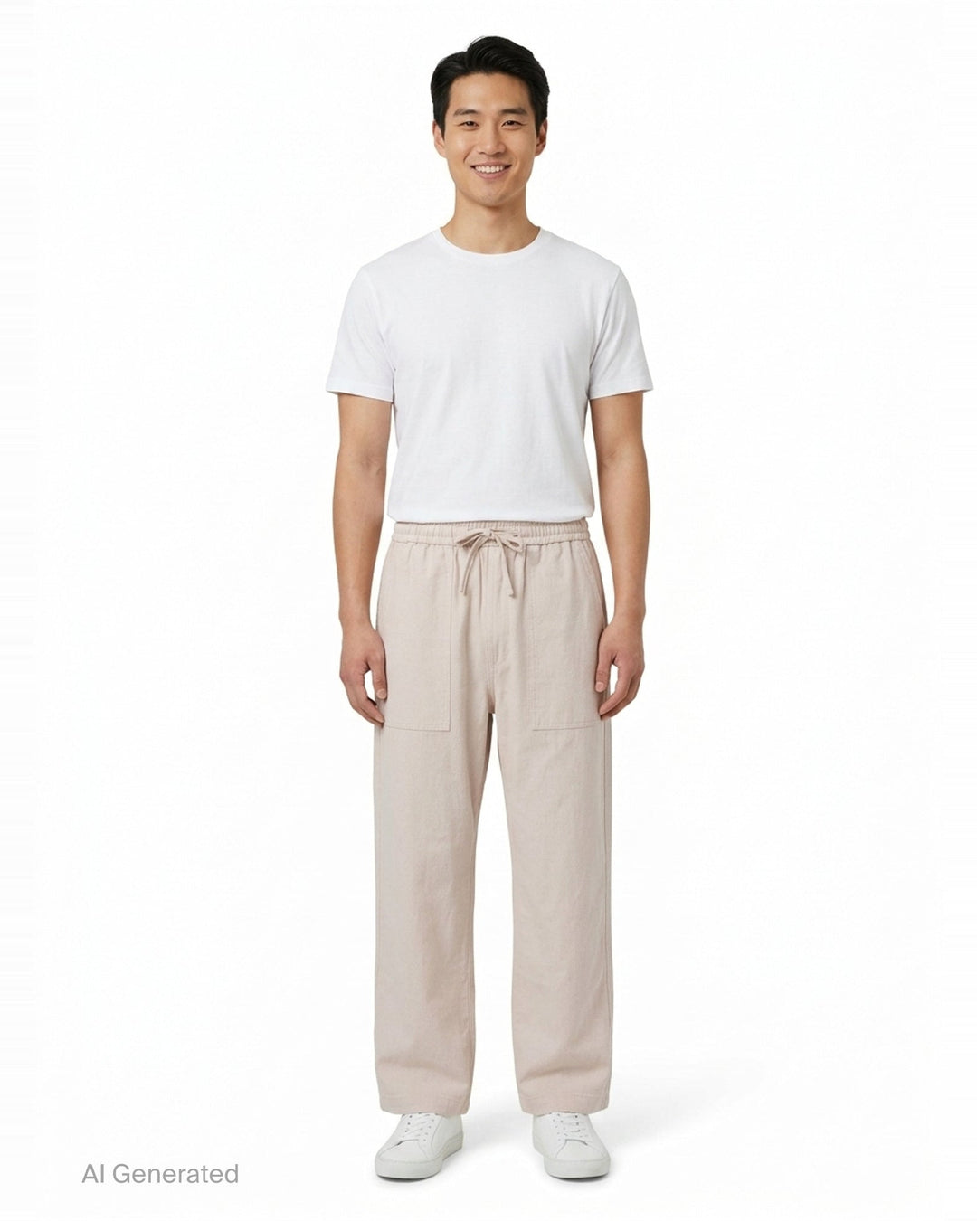 Maison Kitsuné Workwear Wide Leg Pants in blush beige with elasticated drawstring waist and front patch pockets, straight wide-leg silhouette, front view on white background - front