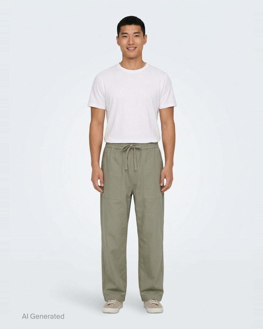 Maison Kitsuné Workwear Wide Leg Pants in blush beige with elasticated drawstring waist and front patch pockets, straight wide-leg silhouette, front view on white background - front