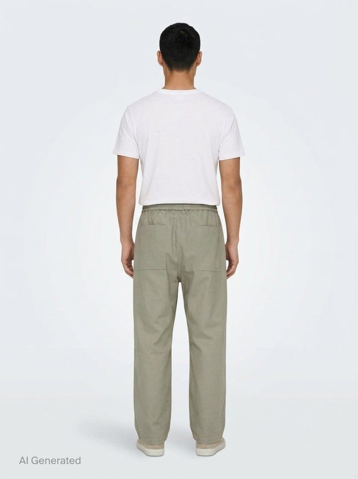 Maison Kitsuné Workwear Wide Leg Pants in blush beige with elasticated drawstring waist and front patch pockets, straight wide-leg silhouette, front view on white background - back