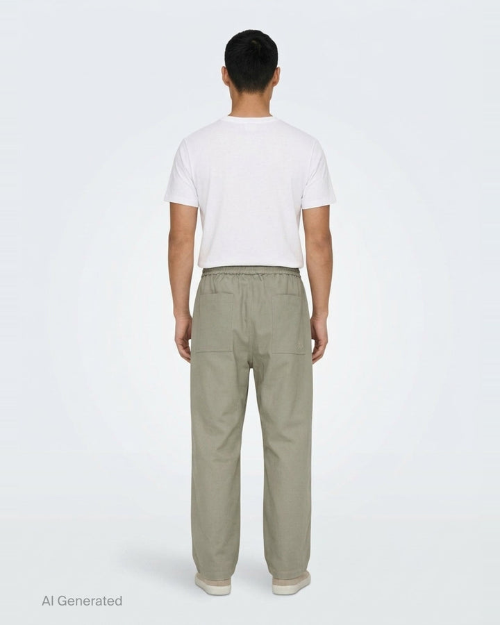 Maison Kitsuné Workwear Wide Leg Pants in blush beige with elasticated drawstring waist and front patch pockets, straight wide-leg silhouette, front view on white background - back