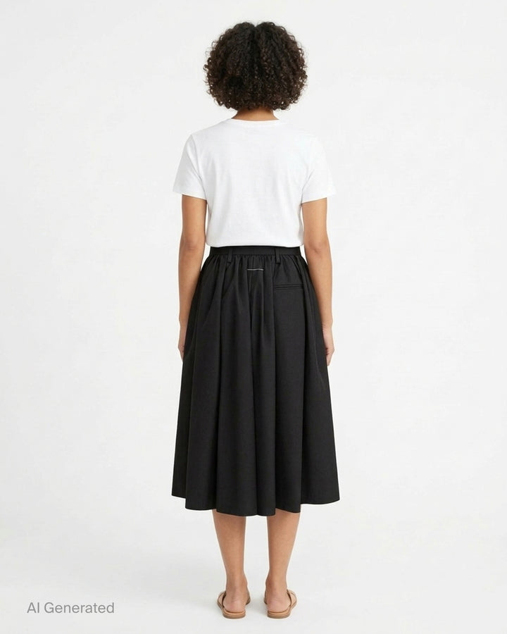 Maison Margiela black gathered midi skirt in light wool blend with button waistband, shown from the front - back