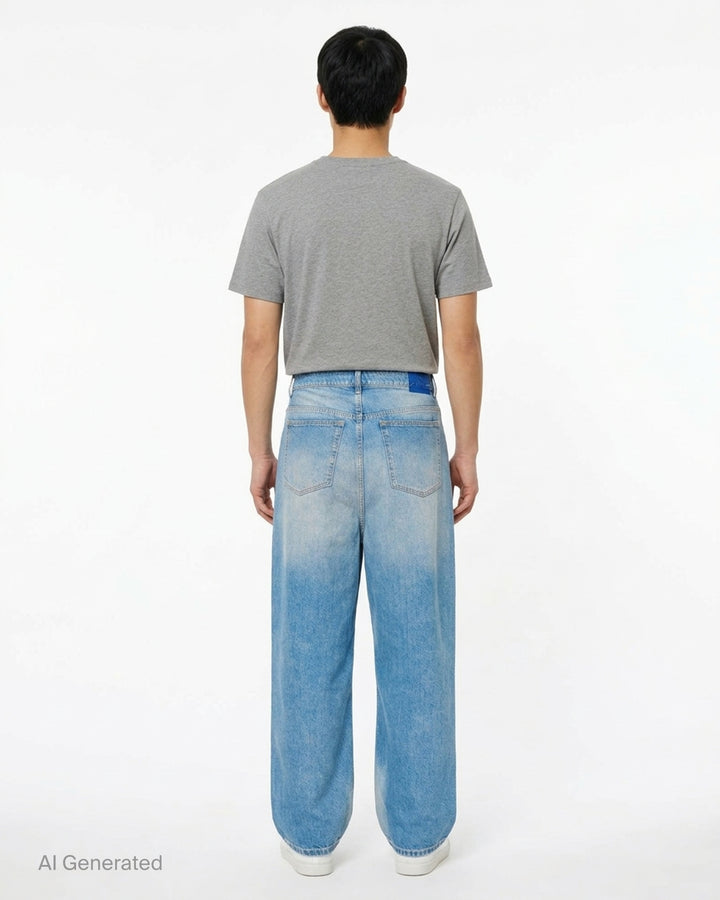 Maison Margiela light blue faded wide-leg jeans with pleated front panel and hook closure, front view - back