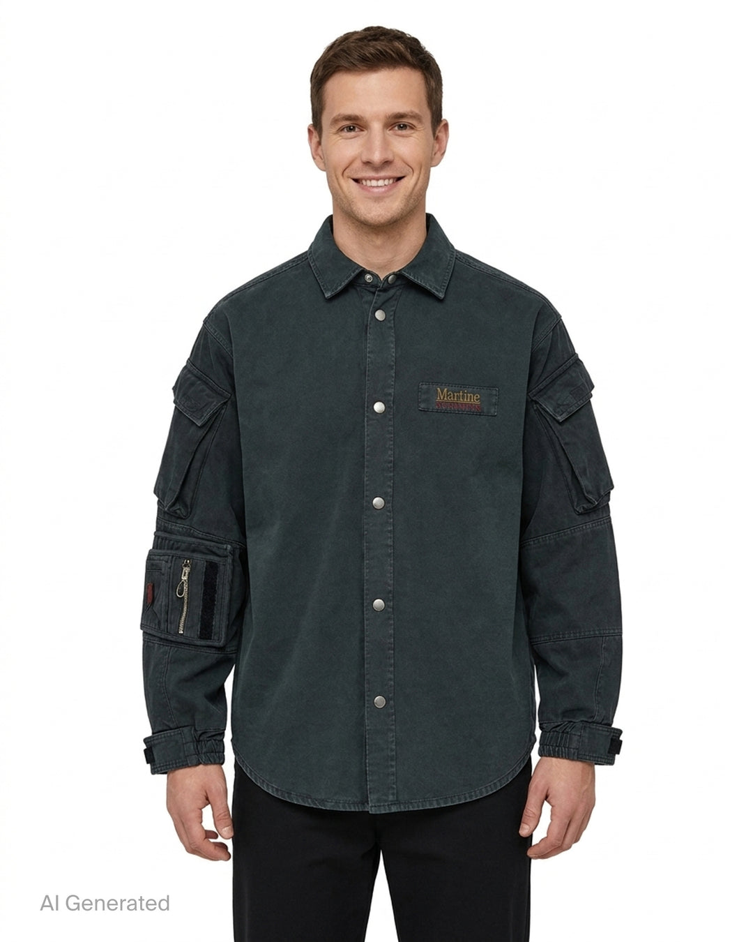 Martine Rose utility sleeve shirt in washed charcoal with snap-button front, flap sleeve pockets and woven Martine Classics chest label - front