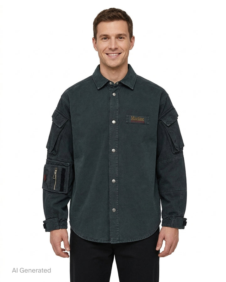 Martine Rose utility sleeve shirt in washed charcoal with snap-button front, flap sleeve pockets and woven Martine Classics chest label - front