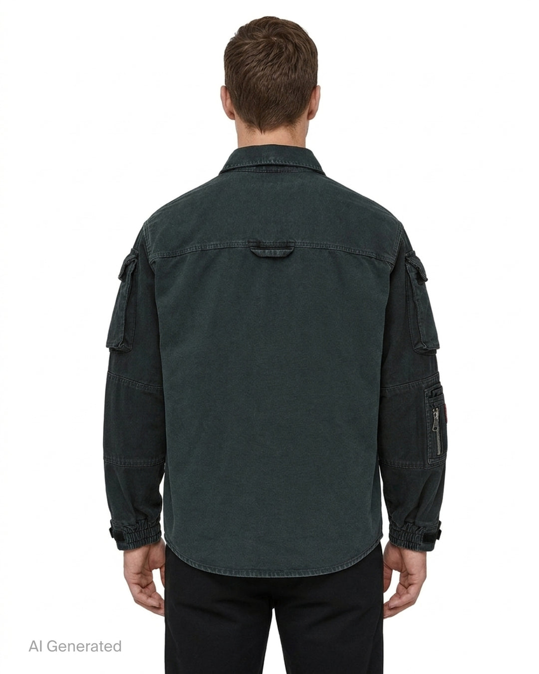 Martine Rose utility sleeve shirt in washed charcoal with snap-button front, flap sleeve pockets and woven Martine Classics chest label - back