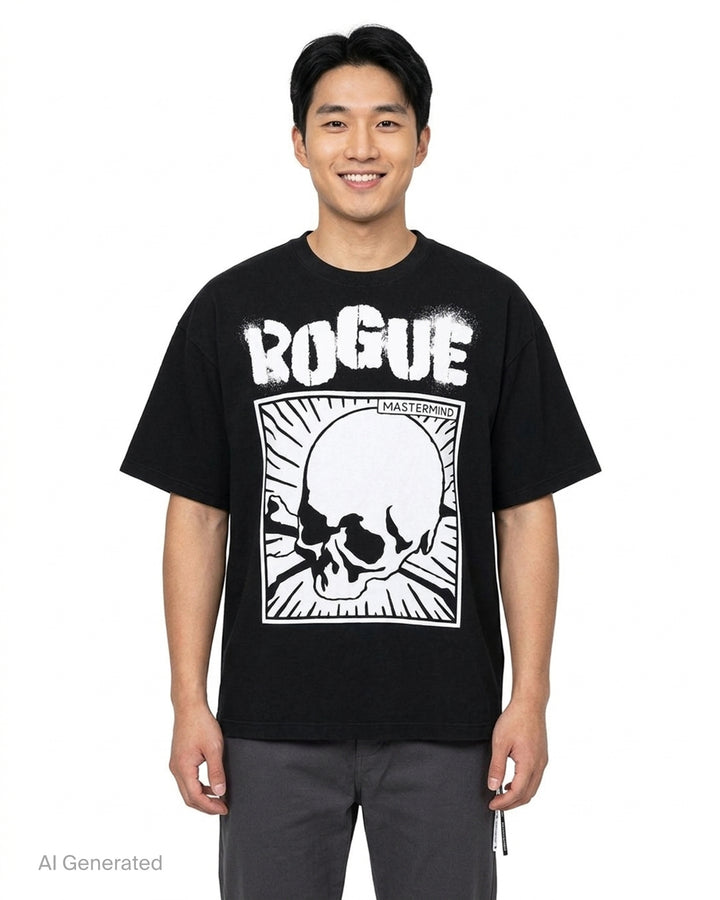 Mastermind black boxy short sleeve tee with white spray-stencil ROGUE lettering and a framed cartoon skull and crossbones graphic - front