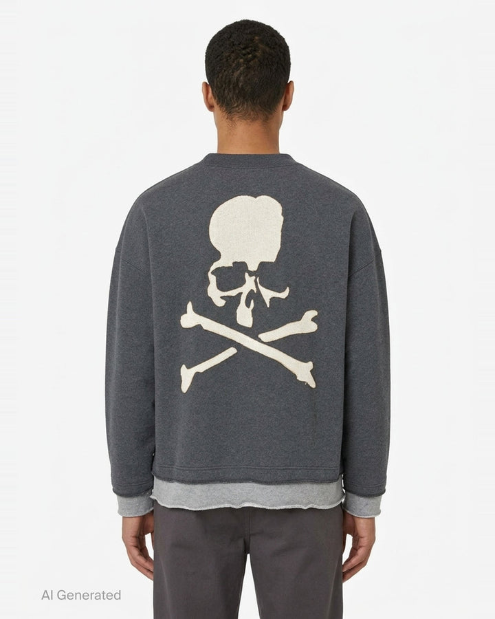 Mastermind Japan Cut-Off Boxy Crew Sweatshirt in charcoal grey with contrast raw-edge layered hem and cuffs, kangaroo pocket, and woven skull logo label at back neck - back