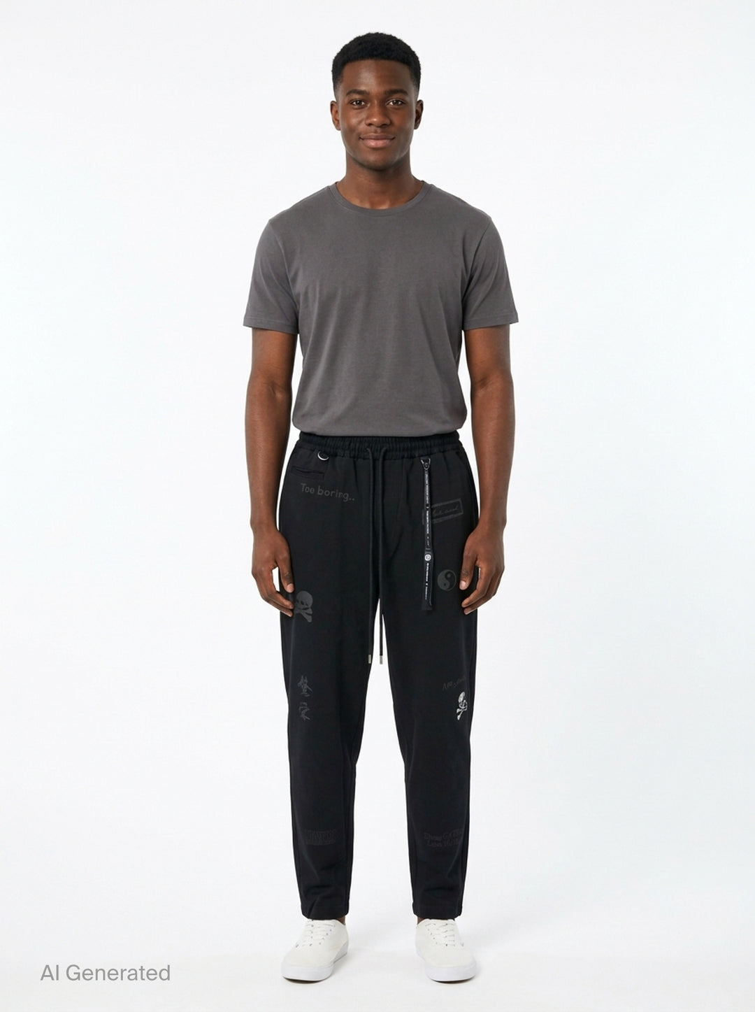 Mastermind Doodle Print Easy Pants in black with all-over graphic prints including skull-and-crossbones, yin-yang symbol, kanji script, and hand-scrawled text, featuring an elasticated drawstring waistband and tapered leg - front