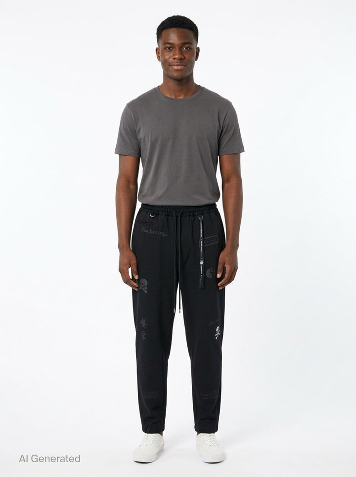 Mastermind Doodle Print Easy Pants in black with all-over graphic prints including skull-and-crossbones, yin-yang symbol, kanji script, and hand-scrawled text, featuring an elasticated drawstring waistband and tapered leg - front