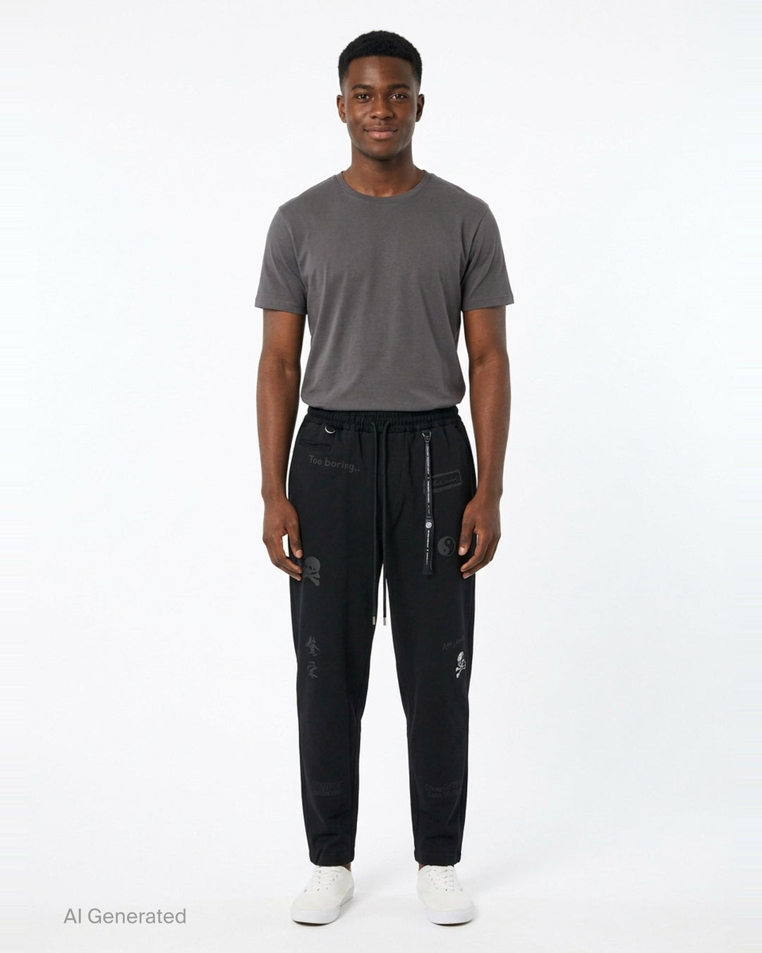 Mastermind Doodle Print Easy Pants in black with all-over graphic prints including skull-and-crossbones, yin-yang symbol, kanji script, and hand-scrawled text, featuring an elasticated drawstring waistband and tapered leg - front
