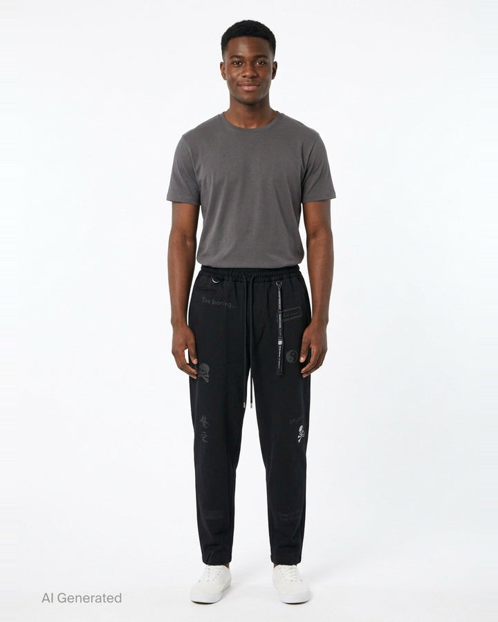 Mastermind Doodle Print Easy Pants in black with all-over graphic prints including skull-and-crossbones, yin-yang symbol, kanji script, and hand-scrawled text, featuring an elasticated drawstring waistband and tapered leg - front