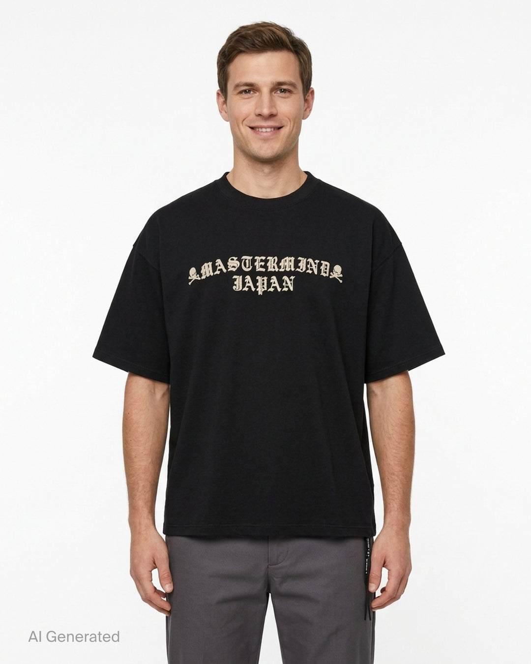 Mastermind Former OG short sleeve tee in black with embroidered blackletter Mastermind Japan lettering and skull and crossbones motifs - front