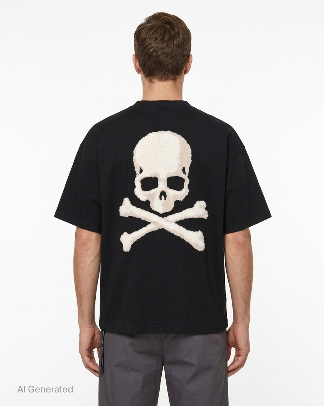 Mastermind Former OG short sleeve tee in black with embroidered blackletter Mastermind Japan lettering and skull and crossbones motifs - back