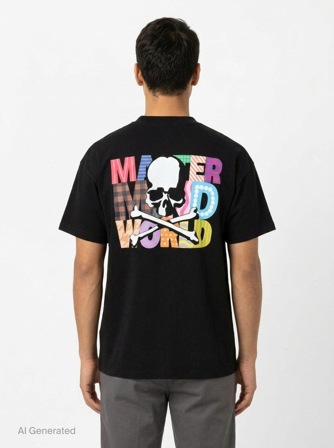 Mastermind World black boxy short sleeve tee with multicolour plaid-patterned arched logo wordmark printed across the chest - back