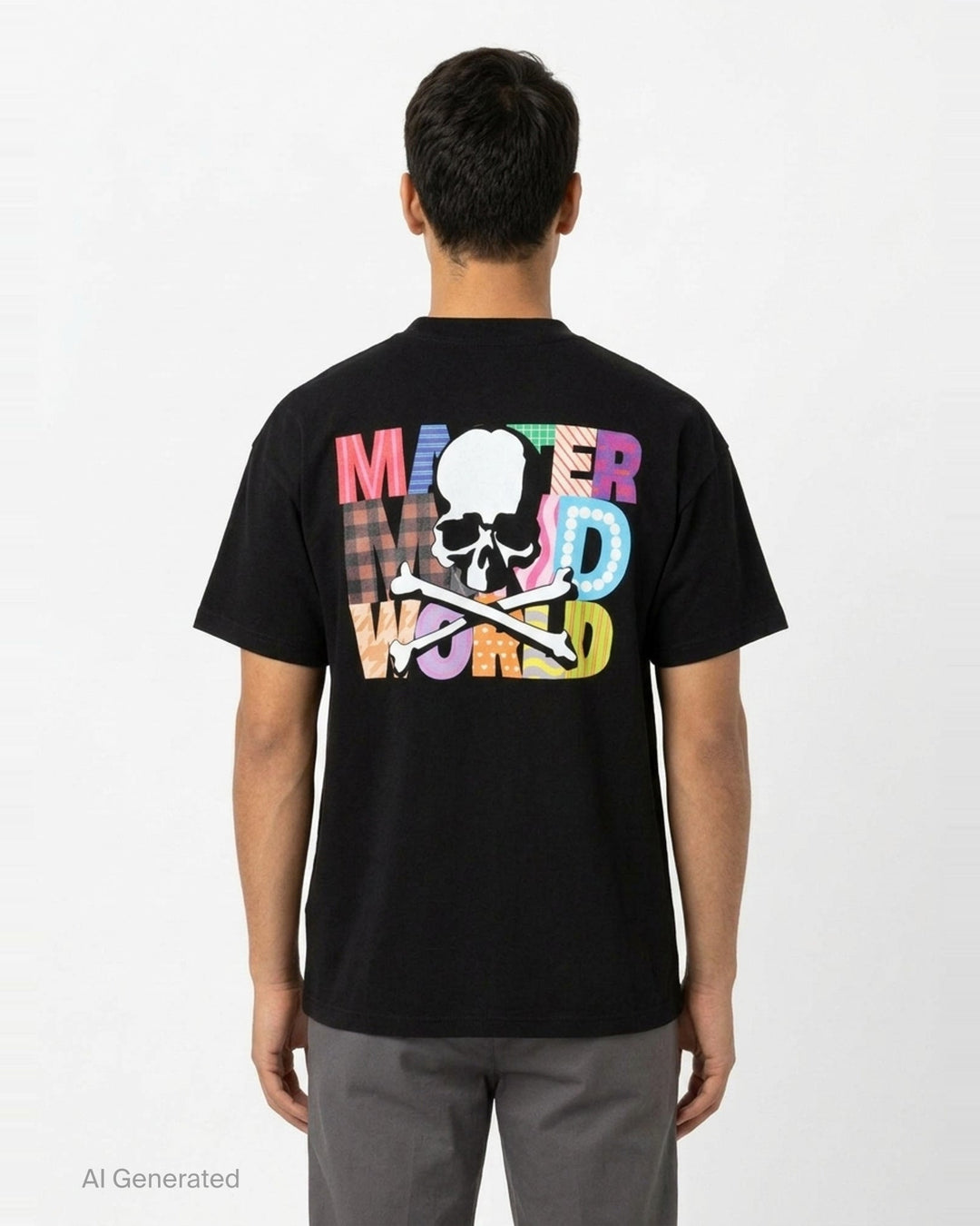 Mastermind World black boxy short sleeve tee with multicolour plaid-patterned arched logo wordmark printed across the chest - back